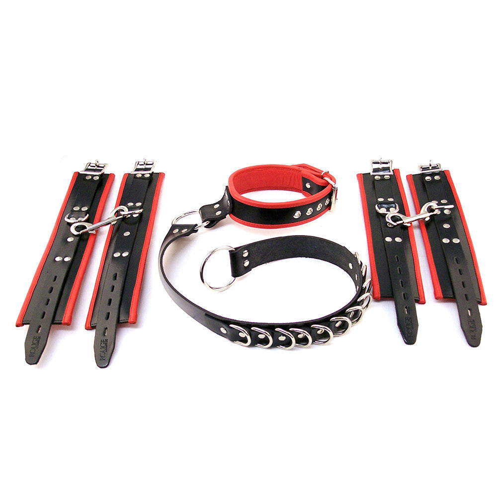 Leather D Ring Hog-Tie with Detachable Padded Wrist & Ankle Cuffs