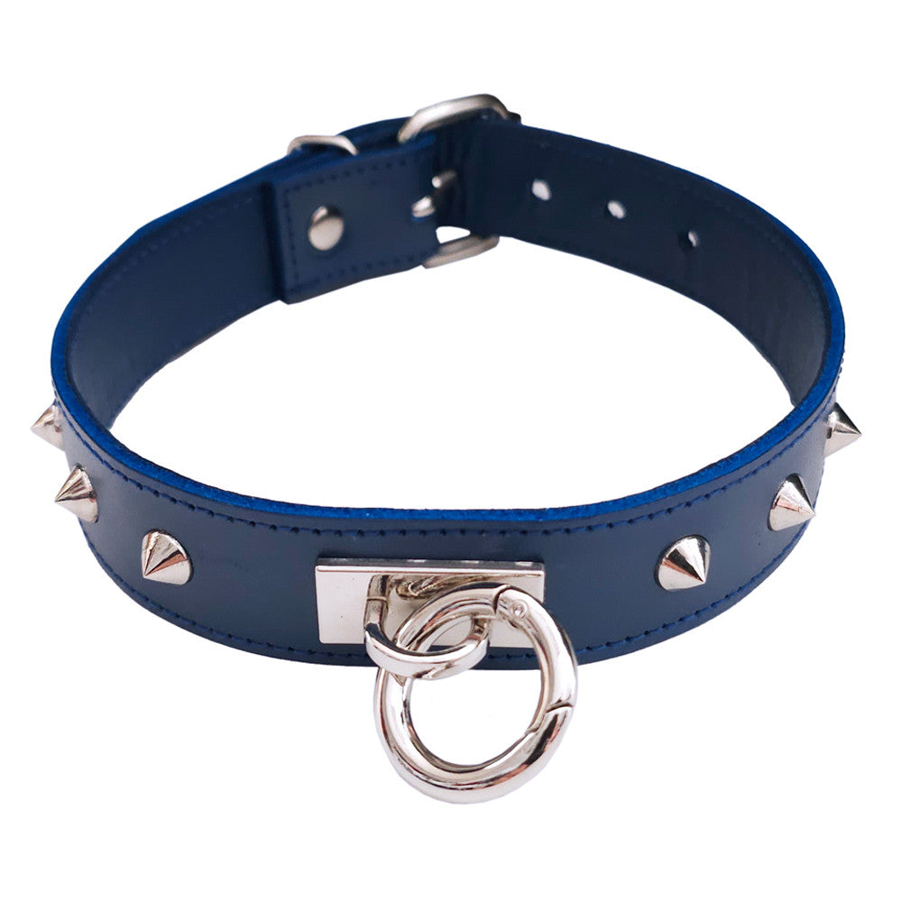 Leather Thin O-Ring Studded Collar with Detachable O-Ring