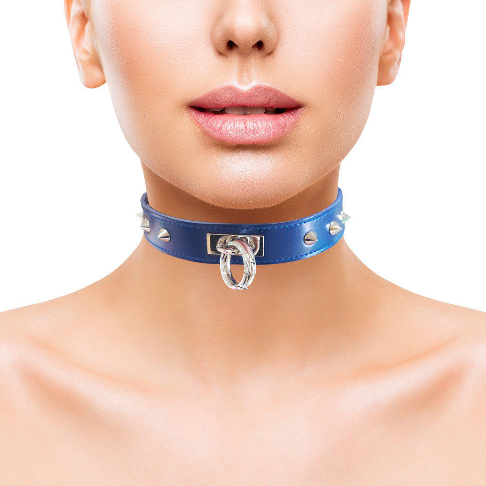 Leather Thin O-Ring Studded Collar with Detachable O-Ring