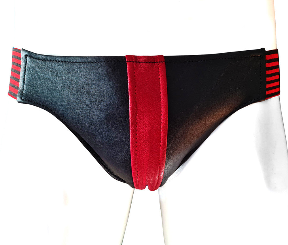 Leather Jock Strap With Stripe & Stripe Elasticated Wiastband