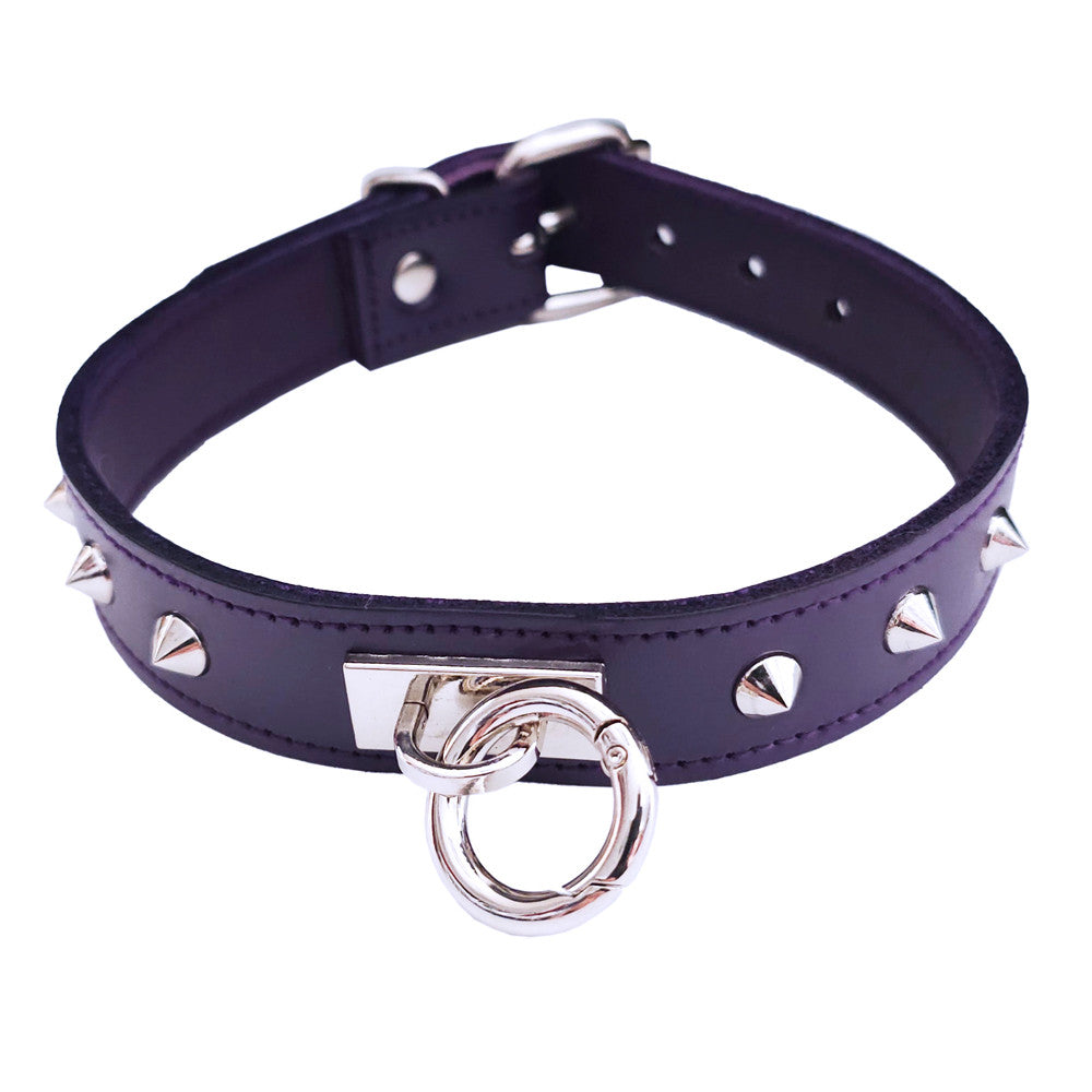 Leather Thin O-Ring Studded Collar with Detachable O-Ring