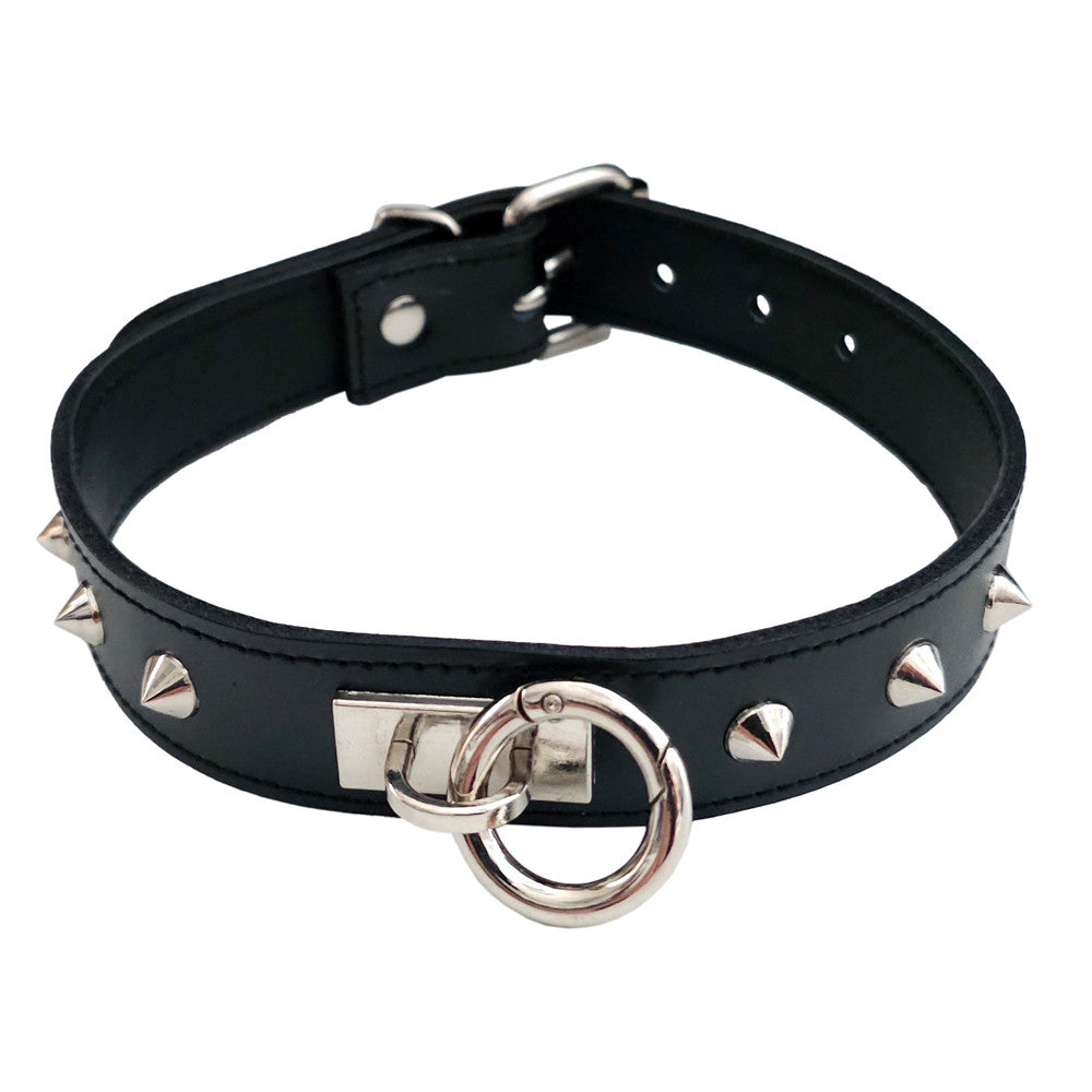 Leather Thin O-Ring Studded Collar with Detachable O-Ring