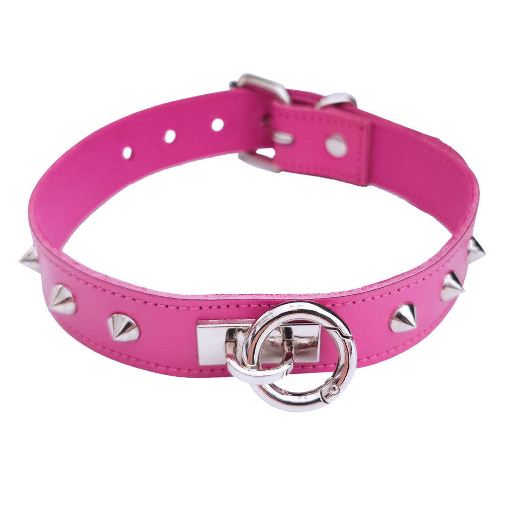 Leather Thin O-Ring Studded Collar with Detachable O-Ring