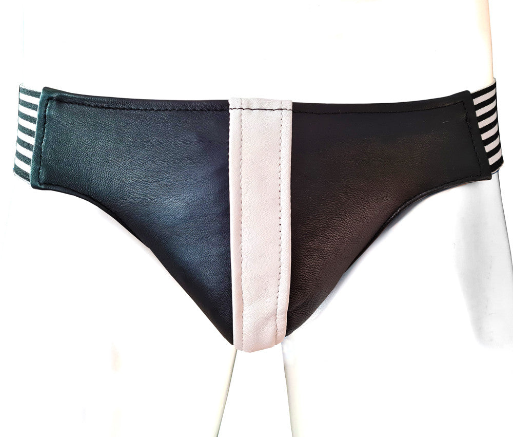 Leather Jock Strap With Stripe & Stripe Elasticated Wiastband