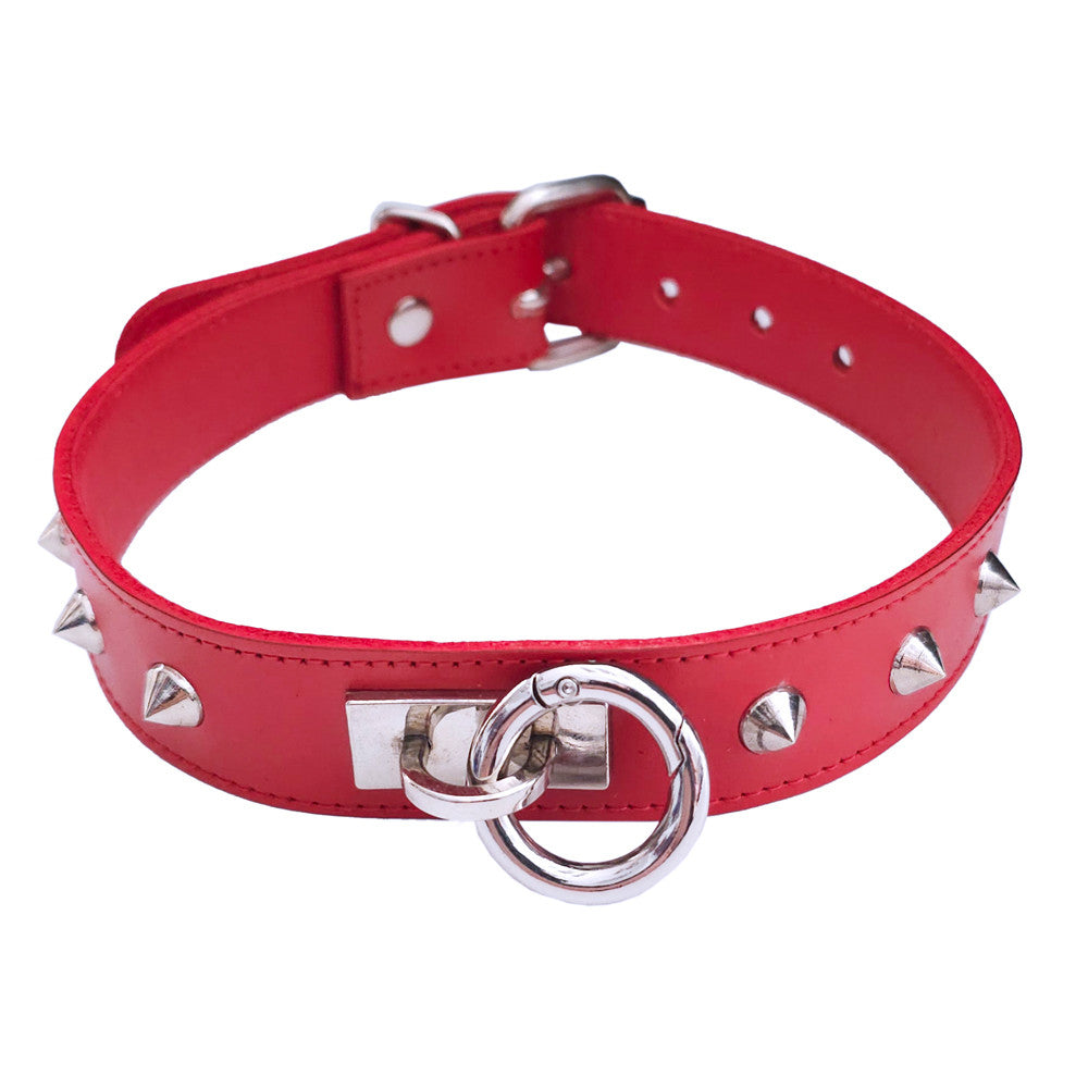 Leather Thin O-Ring Studded Collar with Detachable O-Ring