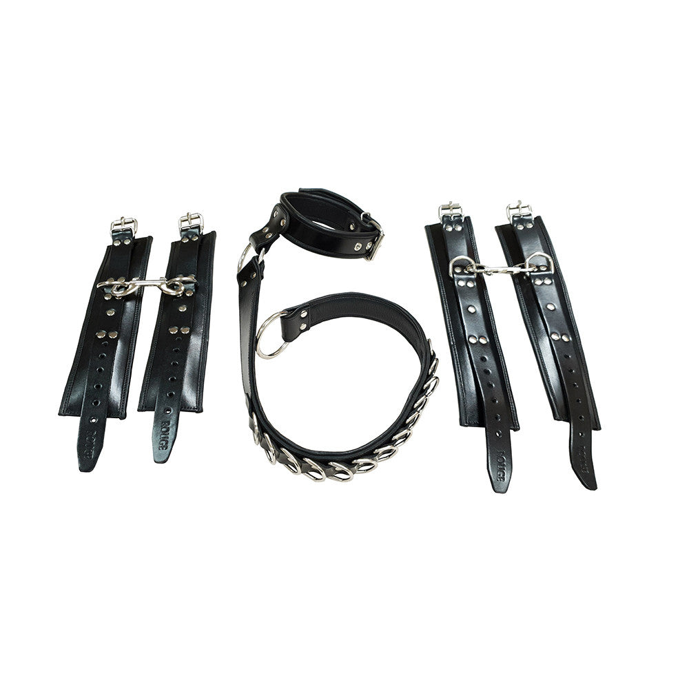 Leather D Ring Hog-Tie with Detachable Padded Wrist & Ankle Cuffs