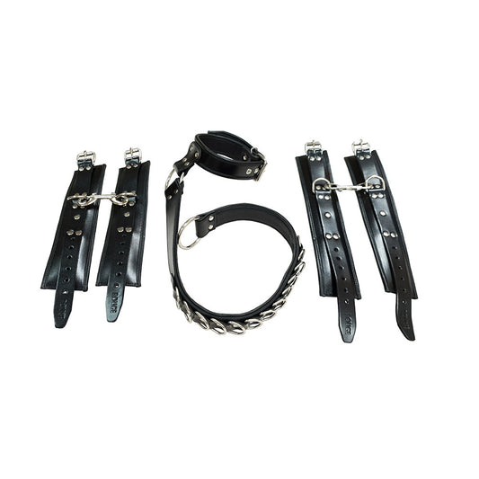 Leather D Ring Hog-Tie with Detachable Padded Wrist & Ankle Cuffs