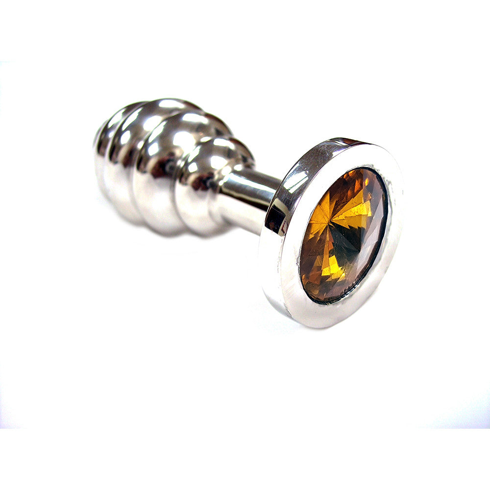 Large Stainless Steel Threaded Butt Plug With Coloured Crystals In Clamshell